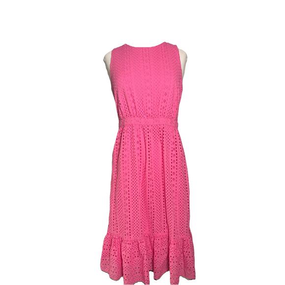 J.Crew hot pink eyelet cotton midi dress sleeveless tiered hem size 8 - Picture 1 of 8